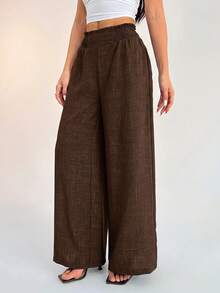 SHEIN PETITE Women's Casual Versatile Commute Wide Leg Pants - Mocha Brown - View 1