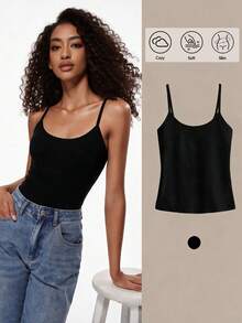 SHEIN BASICS 女款純色極簡基本款保守休閒百搭細肩帶背心，適合度假、海灘、健身房、居家休閒、日常與假日居家穿著，黑色夏季款 - 黑色 - 查看 5