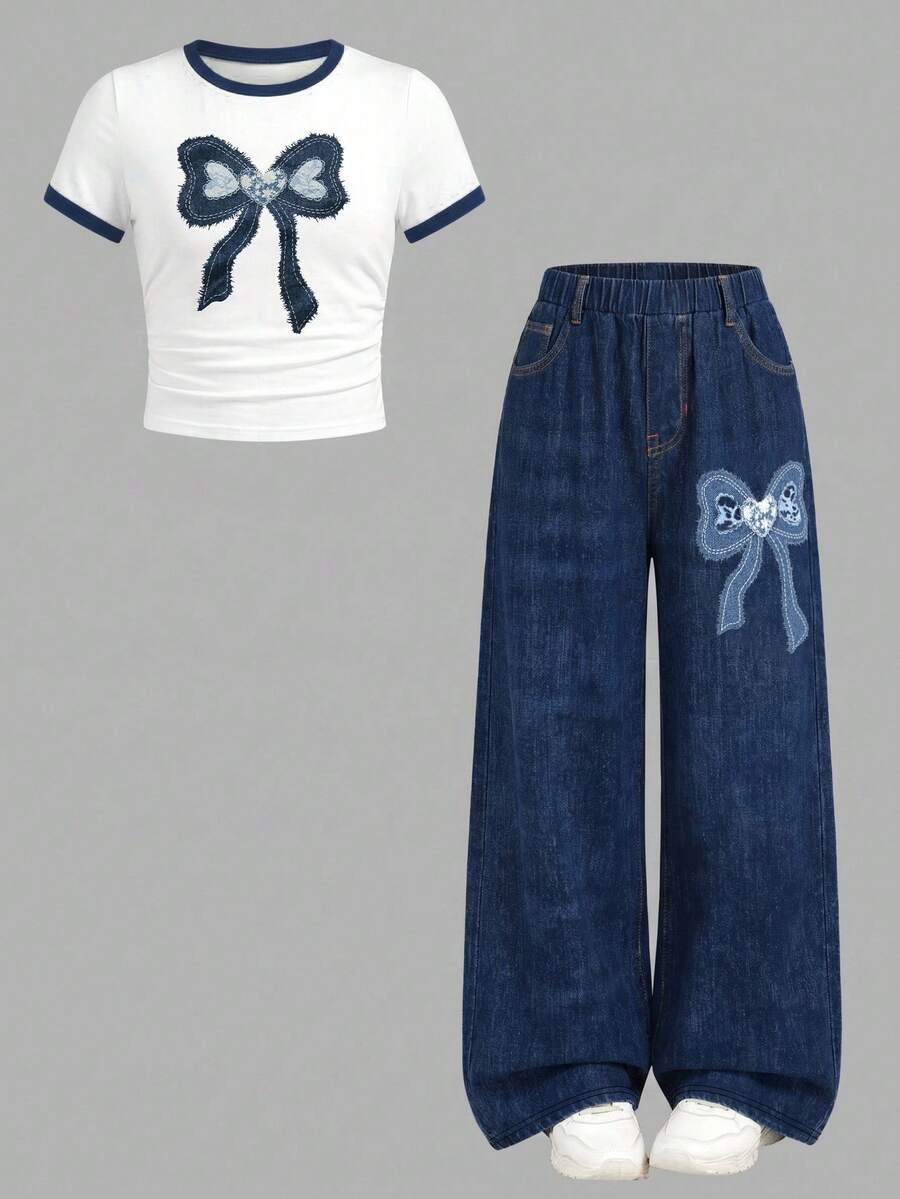SHEIN Girlism Tween女孩休閒Y2K可愛街頭時尚白色T恤搭配豹紋蝴蝶結豹紋長褲套裝,開學季校園風,水藍色夏季款 - 彩色 - 查看 1