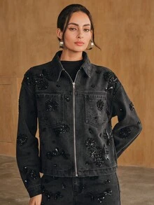 Anewsta Women's New Fashion Glamorous Sparkling Rhinestone Black Jeans Jacket - Black - View 4