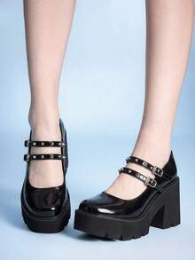 Sugerpunk Sepatu Wanita Modis Hak Miring Platform, Gaya Punk Gothic Gesper Gelap dengan Inlay Paku Keling, Cocok untuk Pesta Klub Malam, Seksi, Liburan, dan Perjalanan Sehari-hari. - Hitam - View 2