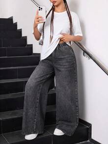 SHEIN Tween Girl Elastic Waist Wide Leg Black Denim Loose Long Pants Y2k Graduation - Black - View 3