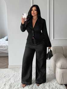 SHEIN SXY Plus Size Summer Black V-Neck Long-Sleeved Fitted Short Coat With Button Decorations, Concert Cocktail, Office, Elegant, Formal, Old Money, Classic - Black - View 4