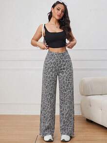 SHEIN ICON 女款豹紋休閒百搭日常穿著牛仔褲 - 彩色 - 查看 4