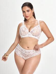 Slumbrini 3pcs White Underwire High Support High Coverage Bra + 2 Panties Lace Patchwork Elegant Classic Plus Size Lingerie Set White Lingerie - White - View 4