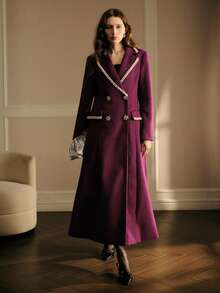 MOTF PREMIUM WOMEN'S ELEGANT CONTRAST FAUX PEARLS TAPE TRIM OVERCOAT, AUTUMN/WINTER - Purple - View 6