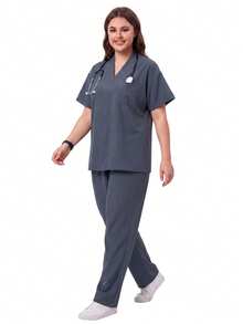TaskEZ Dark Gray Drop Shoulder Short Sleeve Front Pocket V-Neck Loose Minimalist Comfortable Plus Size Scrub Top - Grey - View 6