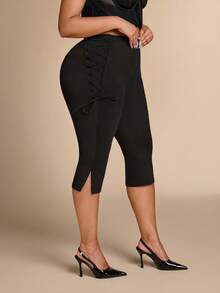 SHEIN BAE CURVE Plus Size Black Sexy Lace-Up Tie-Up Cropped Leggings,Black Sommar Casual Formal Gym Leggings,High Waist Cropped Mid-Calf Length Split Hem Slit Detail - Black - View 1