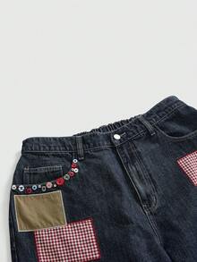 ROMWE Y2K Millennium Vintage Plaid Apple Patch Embroidery Loose Casual Low Waist Plus Size Women's Jeans - Dark Wash - View 3