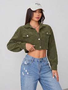 SHEIN PETITE 春秋款落肩翻蓋設計短版燈芯絨黑色夾克，適合秋冬穿搭 - 軍綠色 - 查看 7