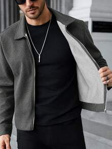 Manfinity Homme 男士素色長袖拉鍊休閒大衣 - 深灰色 - 查看 3