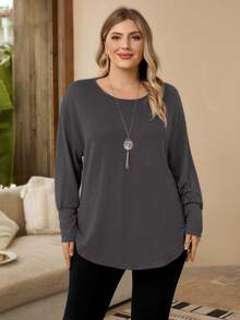 EMERY ROSE Plus Size Women's Autumn Casual Versatile Solid Color Long Sleeve T-Shirt - Dark Grey - View 5
