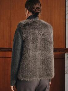 Anewsta Premium Grey Faux Fox Fur Vest, Sleeveless Pocket Plush Elegant Outerwear, Commute & Date Chic Socialite Style - Grey - View 3