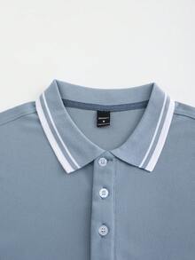 Calvornis 男士口袋鈕扣半開襟對比色長袖 Polo 衫 - 霧霾藍 - 查看 6