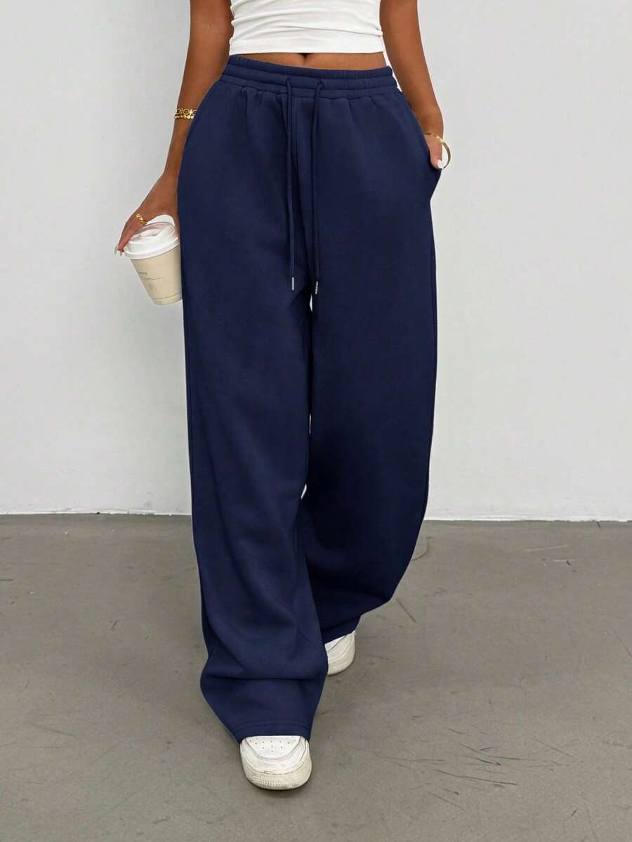 SHEIN Women's Straight Leg Loose Long Sports Pants, Casual All-Season Trousers, Elegant Comfortable Design, Casual Outdoor Sports Pants, Navy Blue Casual Sweatpants - Navy Blue - View 1