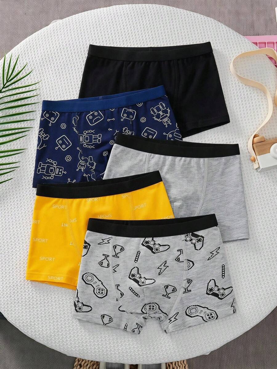 5pcs Boys' Solid Color Robot Game Console Print Comfortable Cotton Briefs Boys Boxers Pack,Backto SchoolFashion Summer White - Multicolor - View 1