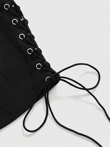 ROMWE Dark Gothic Halloween Spider Web Flocked Distressed Metal Eyelet Lace-Up Design Fitted Women's Tank Top - Black - View 5