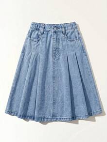Maija Kids Maija Kids Young Girl Blue Pleated Flared Denim Skirt, Spring And Summer Casual Vacation - Light Wash - View 2