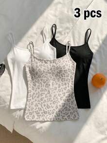 SHEIN EZwear 3pcs Casual Minimalist Black & White Leopard Print Pattern Tight Fitting Camisole Set, Versatile Style Suitable For Summer,Summer Top - Multicolor - View 11