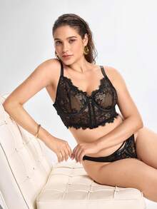 Slumbrini 2pcs Plus Size Elegant Sexy Lace Lingerie Set, Lift Gothic Lingerie Set Lace Bra Set Black Lace Bra Set - Black - View 8