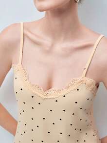 Softvol Women's Sleepwear Set,Yellow Heart Print Knitted Ribbed Contrast Lace Camisole And Long Pants, Cute Chic Summer Sleep Stylish Sweet Pajamas Set - Apricot - View 9