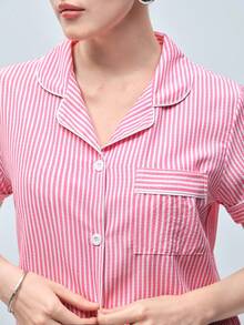 Softvol 条纹印花短袖短裤女士睡衣套装 - 粉色 - 查看 5