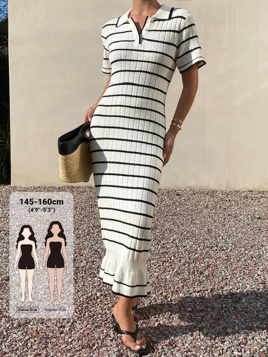 Livesso Petite Gaun Rajut Kasual Pas Badan Lengan Pendek Berkerah Polo Bergaris untuk Wanita, Musim Gugur - Krem - View 1