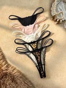 Bare Chapter Comfortable Leopard Print Lace Trim Thong 5-Pack - Multicolor - View 2