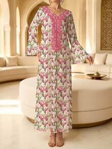 Al Najma 女款優雅端莊V領荷葉袖大裙擺洋裝，花卉圖案印花，保守風聚酯纖維材質，白色冬季款 - 粉色 - 查看 3