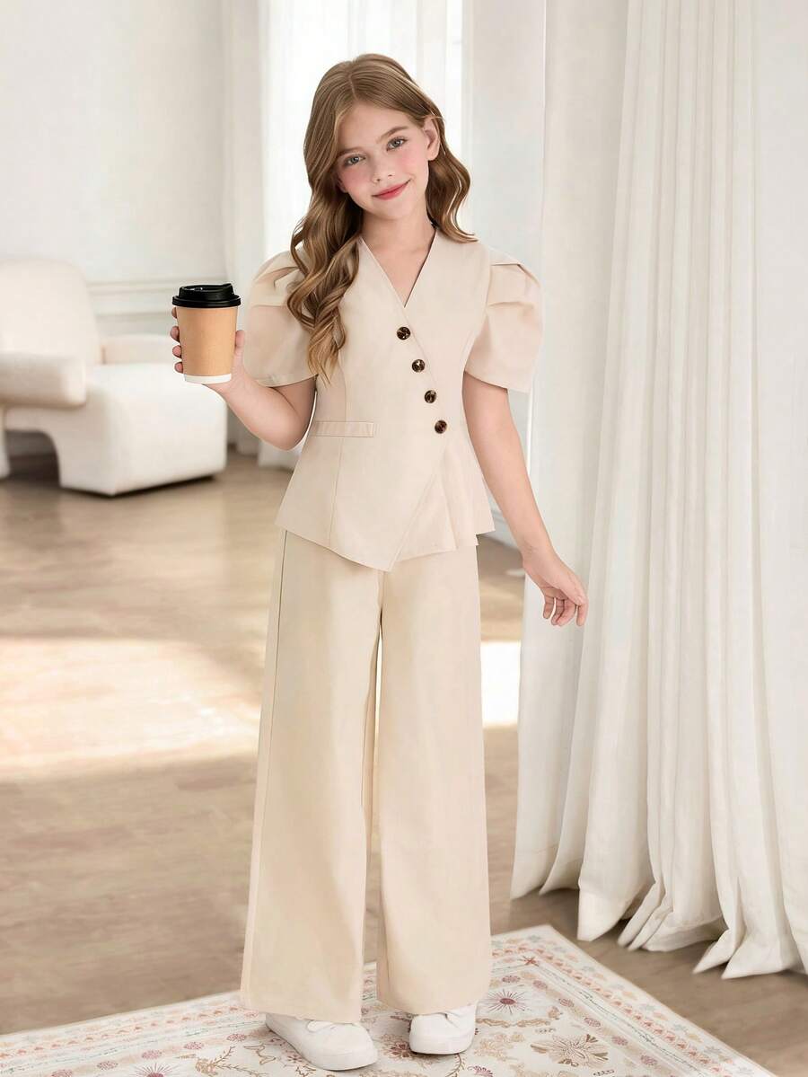 SHEIN Setelan 2 potong untuk anak perempuan usia praremaja: Atasan blazer lengan mengembang dengan kancing miring dan hem berlipit serta celana panjang lurus lebar, cocok untuk musim panas, kasual, dan sebagai pakaian sehari-hari.