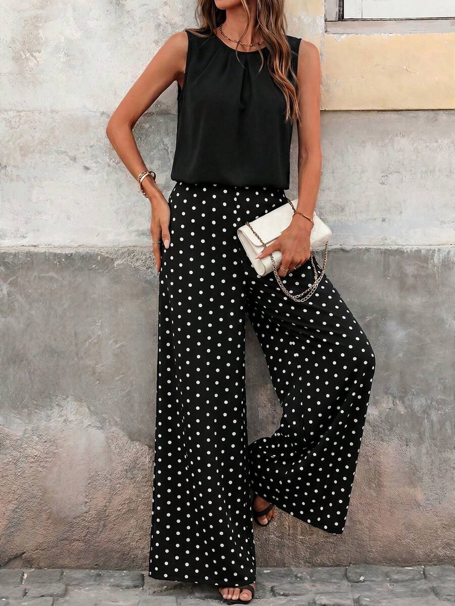 SHEIN Clasi Women's Summer Casual Solid Color Tank Top & Polka Dot Print Wide Leg Pants 2 Pieces Set - Black - View 1