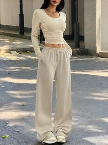 SHEIN EZwear 杏色女士休闲百褶短款上衣和阔腿抽绳腰裤套装 - 杏色 - 查看 7