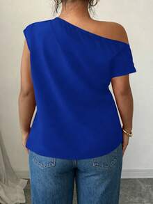 Elenzga Spring Summer Autumn Short Sleeve Asymmetric Shoulder Simple Comfortable Pleated Design Black Plus Size Shirt - Royal Blue - View 2