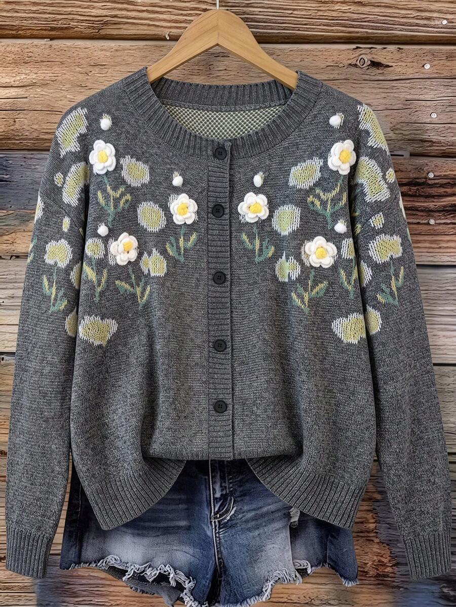 SHEIN Plus Size Elegant 3D Floral Pattern Round Neck Dropped Shoulder Long Sleeve Cardigan - Dark Grey - View 1