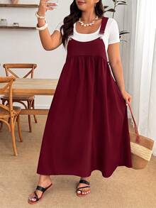 Enliva Plus Size Women's Solid Color Pleated Loose Strap Dress - Burgundy - View 8