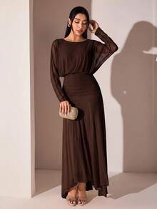 Veilorie Women's Elegant Solid Color Long Dress For Party - Coffee Brown - View 6