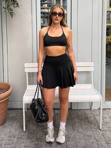hollyjadebate Minimalist Solid Color High Waist Side Slit Sports Skort Black - Black - View 1