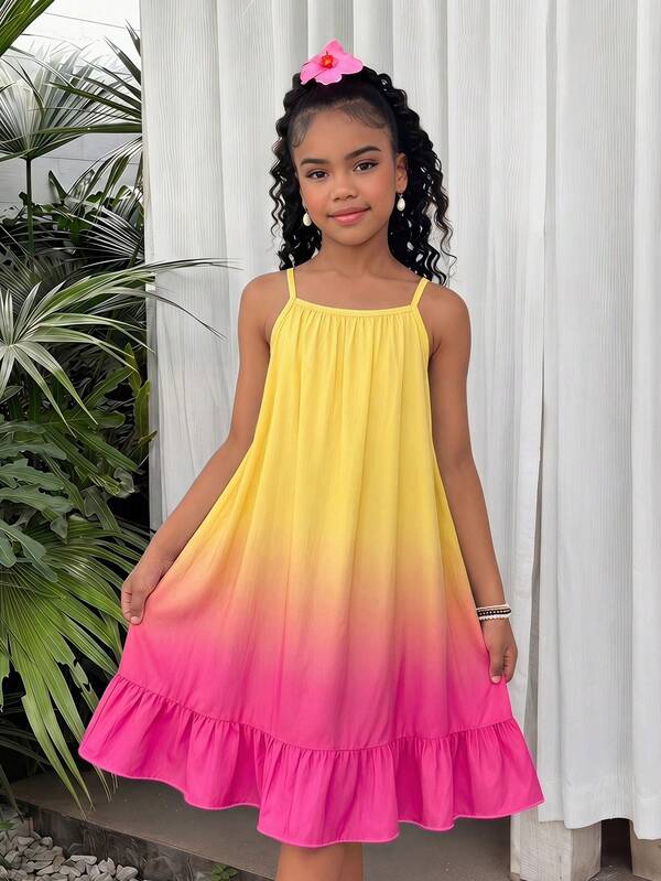 SHEIN Sparklyn Soft Girls' Spaghetti Strap Dress, Gradient Orange Print Fabric, Natural Transition From Light Yellow To Orange, Fresh Atmosphere. Spaghetti Strap Design For Cool Summer Wear, Loose A-Line Silhouette Fits All Body Types, Easy Movement; Ruched Hem Adds Sweetness And Playfulness, Perfect For Summer Outings, Beach Vacations Or Daily Wear, Comfortable And Photogenic, Essential Summer Wardrobe Piece For Girls.