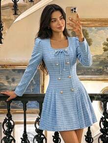 SHEIN MOD Women's Front Tie Button Design Long Sleeve Denim Dress, Elegant, Versatile, Square Neck, Party, Cute, Long Sleeve, Luxury, Mini Dress, Fall, Winter. - Blue - View 8