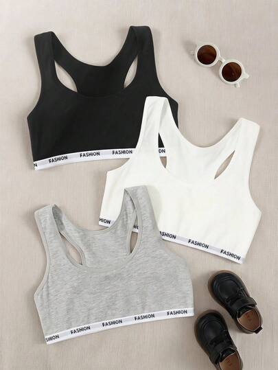 3pcs/Set Tween Girl Letter Tape Cotton Undershirts, Spring & Summer Gym Top Holiday Travel Releax Summer Clothes