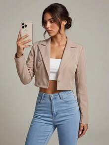 SHEIN PETITE Lapel Neck Crop Blazer In Fall/Winter - Khaki - View 6