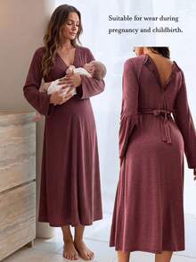 Slowluna Solid Color Raglan Long Sleeve Dress,Autumn Outfit For Women - Burgundy - View 1
