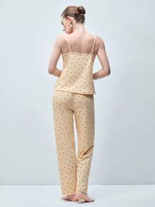 Softvol Women's Sleepwear Set,Yellow Heart Print Knitted Ribbed Contrast Lace Camisole And Long Pants, Cute Chic Summer Sleep Stylish Sweet Pajamas Set - Apricot - View 2