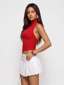 Rina Fox Women's Solid Color Pleated Halter Neck Top - Red - View 5