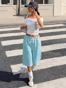 Muchica 豹紋女款腰部綁帶寬鬆休閒寬腿百慕大短褲 - 水鴨藍 - 查看 5
