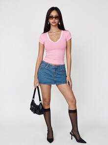 Rina Fox Áo thun nữ dáng ôm cổ chữ V tay ngắn phối ren, kiểu dáng thường ngày. - Hồng - Xem 3