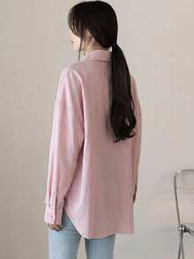 DAZY Women's Solid Color Regular Collar Oversized Loose Fit Shirt - Pink - View 6