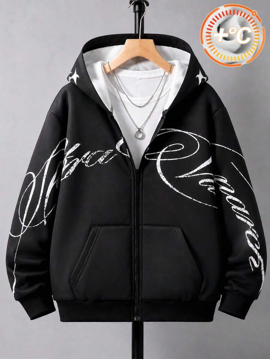 SHEIN Coolqubz 青少年男孩連帽街頭風 Y2K 字母印花運動衫,萬聖節款,秋季穿搭 - 黑色 - 查看 1