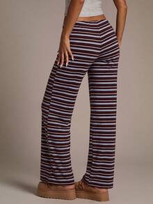 Aloruh Women's Autumn/Winter New Ultra Low Waist Brown Striped Long Pants - Multicolor - View 2