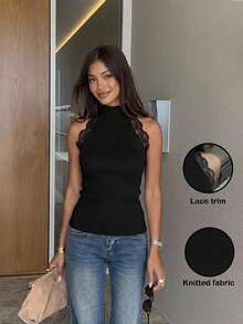 Siren Gaze Women's Lace Patchwork Stand Collar Knit Top - Black - View 8